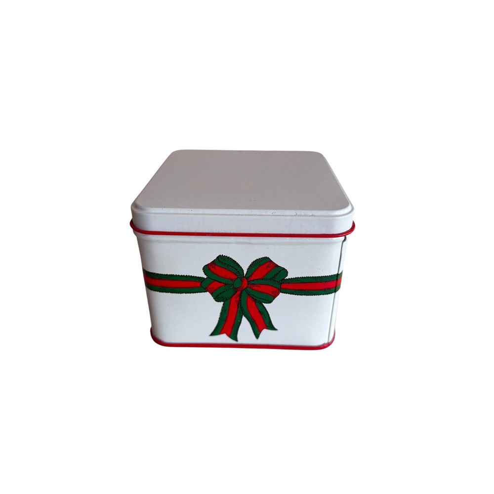 Vintage 1987 Potpourri Press Christmas‎ Tin Red Green Bow White Square Holiday